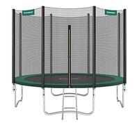 SONGMICS Cama Elástica, 305 cm, Trampolín para Niños con Red, Cojín de Seguridad, Escalera, Mástil Recto de 180 cm de Altura, Marco de Acero, Verde Oscuro STR10GN