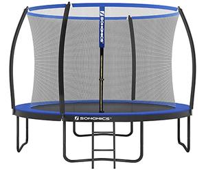 SONGMICS Cama Elástica Infantil Ø 305 cm, Red de Seguridad, Poste Curvo de 180 cm de Altura, Cojín de Seguridad, Escalera, Marco de Acero, Negro y Azul STR10BK