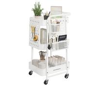 SONGMICS Carrito de Almacenamiento, Carrito con Ruedas, 3 Estantes Malla Metálica, 2 Paneles Perforados Extraíbles, 2 Soportes de Colgar, 4 Ganchos, para Oficina Cocina Baño, Blanco Nube LRC037W01
