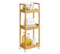 SONGMICS Carrito de Baño, Estantería de Baño, Carrito de Almacenaje de 3 Niveles, Bambú, Estantería Estrecha con Ruedas, Ahorro de Espacio, 20 x 30 x 80 cm, Beige Natural BCB083N01