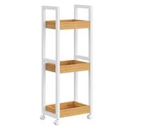 SONGMICS Carrito de Baño, Estantería de Baño, Carrito de Almacenaje de 3 Niveles, Bambú, Estantería Estrecha con Ruedas, Ahorro de Espacio, 20 x 30 x 80 cm, Blanco y Natural BCB083N02