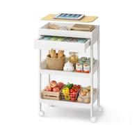 SONGMICS Carro de 3 Niveles, Carrito de Cocina con Ruedas, con Bandeja Extraíble y Cajón, de Plástico, Fácil de Montar, Blanco y Roble Dorado BSC069W101