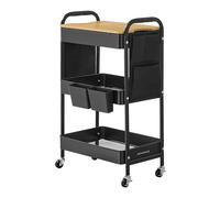 SONGMICS Carro de 3 Niveles con Estante, 2 Contenedores, 6 Bolsillos | Colgantes Extraíbles, Laterales, para Sala de Estar, Estudio, Cocina, Baño, Negro y Roble Dorado, Colección PATAYE LRC036B01