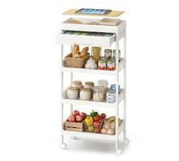 SONGMICS Carro de 4 Niveles, Carrito de Cocina con Ruedas, con Bandeja Extraíble y Cajón, de Plástico, Fácil de Montar, Blanco y Roble Dorado BSC070W101