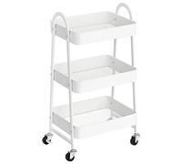 SONGMICS Carro móvil, Carrito de Almacenamiento de 3 Niveles, Marco de Acero, con Mango, 2 Frenos, Montaje fácil, para Dormitorio, lavadero del baño, Blanco BSC068W01