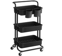 SONGMICS Carro Rodante, Caritro de Almacenamiento de 3 Niveles, con Mango, 2 Organizadores Pequeños, Marco de Acero, Cestas de Plástico, para Dormitorio, Lavadero Baño, Negro BSC067B01
