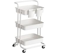SONGMICS Carro Rodante, Caritro de Almacenamiento de 3 Niveles, con Mango, 2 Organizadores Pequeños, Marco de Acero, Cestas de Plástico, para Dormitorio, Lavadero Baño, Blanco BSC067W01