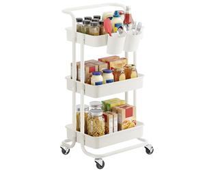 SONGMICS Carro Rodante, Caritro de Almacenamiento de 3 Niveles, con Mango, 2 Organizadores Pequeños, Marco de Acero, Cestas de Plástico, para Dormitorio, Lavadero Baño, Blanco BSC067W01