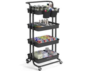 SONGMICS Carro Rodante, Caritro de Almacenamiento de 4 Niveles, con Mango, 2 Organizadores Pequeños, Marco de Acero, Cestas de Plástico, para Dormitorio, Lavadero Baño, Negro BSC077BZ01