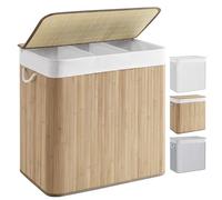 SONGMICS - Cesta de lavandería (150 L, 3 compartimentos de clasificación, tapa de bambú, asas, plegable, bolsa extraíble lavable a máquina, para lavandería, dormitorio, color madera LCB091N01