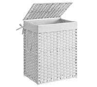 SONGMICS Cesta de lavandería tejida a mano, 23.8 galones (90 L), cesta de lavandería de ratán sintético con tapa y asas, plegable, bolsa de forro extraíble, blanco ULCB51WT
