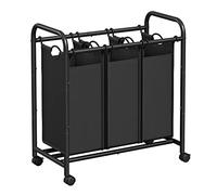 SONGMICS - Cesta para la ropa con 3 compartimentos, carrito de la ropa sucia sobre ruedas, cesta de la ropa con asas, bolsas extraíbles, color negro LSF003B