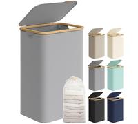 SONGMICS - Cesta para ropa fina con tapa, 90L, ahorro de espacio, forro de malla extraíble, tela Oxford, asas de bambú, plegable, 42 x 32 x 70,5 cm, gris tórtola LCB509G01