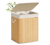 SONGMICS Cesto de la Ropa Sucia con Tapa, 2 compartimentos, 120 L, Cesta de Lavandería de Bambú, Plegable, con Bolsa Lavable Extraíble, Asas, para Lavandería, Dormitorio, Natural LCB014Y01