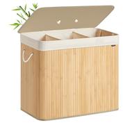 SONGMICS Cesto de la Ropa Sucia con Tapa, 3 compartimentos, 170 L, Cesta de Lavandería de Bambú, Plegable, con Bolsa Lavable Extraíble, Asas, para Lavandería, Dormitorio, Natural LCB013Y01