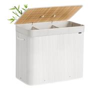 SONGMICS Cesto de la Ropa Sucia con Tapa, 3 compartimentos, 170 L, Cesta de Lavandería de Bambú, Plegable, con Bolsa Lavable Extraíble, Asas, para Lavandería, Dormitorio, Blanco LCB013W01