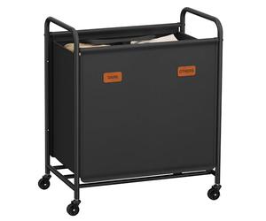 SONGMICS Cesto de Ropa con Ruedas, Cesta de Ropa 2 Compartimentos, 140 L, Carro de Ropa Móvil, 5 Etiquetas, para Lavadero, Dormitorio, Baño, Negro Tinta RLS210B01