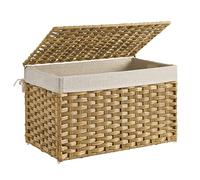 SONGMICS Cesto de Ropa Sucia, 60 L, Ratán Sintético, con Tapa, Plegable | Cesta de Mimbre, con Asas, Forros Extraíbles, para Baño, Lavandería, Amarillo y Blanco, Colección ELIOTT RST56NL