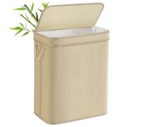 SONGMICS Cesto de Ropa Sucia, 90 L, de Bambú, con Tapa | Bolsa de Ropa Extraíble y Lavable a Máquina, Asas, para Lavadero, Dormitorio, Salón, Amarillo y Blanco, Ronex LCB067Y01