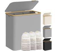 SONGMICS Cesto de Ropa Sucia con Tapa, 150 L, Plegable, 60x38,5x70,5 cm | Gran Cesta, Forro de Malla Extraíble, Tejido Oxford, Asas Bambú, Gris Paloma y Bambú Claro, Colección ROXANNE LCB515G01