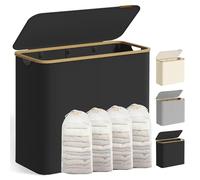 SONGMICS Cesto de Ropa Sucia con Tapa, 200 L, Plegable, 78x38,5x70,5 cm | Gran Cesta, Forro de Malla Extraíble, Tejido Oxford, Asas Bambú, Negro Tinta y Bambú Claro, Colección ROXANNE LCB514BH01