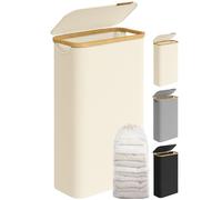 SONGMICS Cesto de Ropa Sucia con Tapa, Cesta Ropa Sucia Delgada, 65 L, Ahorra Espacio, Forro de Malla Extraíble, Tejido Oxford, Asas Bambú, Plegable, 42 x 22,5 x 70,5 cm, Blanco Crema LCB506W01