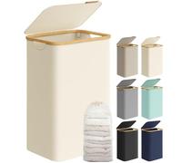 SONGMICS Cesto de Ropa Sucia con Tapa, Gran Cesta Ropa Sucia, 90 L, Forro de Malla Extraíble, Tejido Oxford, Asas Bambú, Plegable, 42 x 32 x 70,5 cm, Blanco Crema LCB509W01