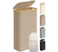 SONGMICS Cesto de Ropa Sucia con Tapa, Cesta Ropa Sucia Delgada, 65 L, Ahorra Espacio, Forro de Malla Extraíble, Tejido Oxford, Asas Bambú, Plegable, 42 x 22,5 x 70,5 cm, Marrón Camello LCB506N02