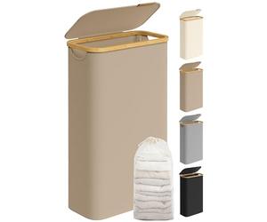 SONGMICS Cesto de Ropa Sucia con Tapa, Cesta Ropa Sucia Delgada, 65 L, Ahorra Espacio, Forro de Malla Extraíble, Tejido Oxford, Asas Bambú, Plegable, 42 x 22,5 x 70,5 cm, Marrón Camello LCB506N02