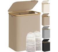 SONGMICS Cesto de Ropa Sucia con Tapa, Gran Cesta Colada de 2 Secciones, 130 L, Forro de Malla Extraíble, Tejido Oxford, Asas Bambú, Plegable, 52 x 38,5 x 70,5 cm, Marrón Camello LCB513LJ01