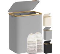 SONGMICS Cesto de Ropa Sucia con Tapa, Gran Cesta Colada de 2 Secciones, 130 L, Forro de Malla Extraíble, Tejido Oxford, Asas Bambú, Plegable, 52 x 38,5 x 70,5 cm, Gris Paloma LCB513G01