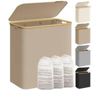 SONGMICS Cesto de Ropa Sucia con Tapa, Gran Cesta Colada de 3 Secciones, 150 L, Forro de Malla Extraíble, Tejido Oxford, Asas Bambú, Plegable, 60 x 38,5 x 70,5 cm, Marrón Camello LCB515N02
