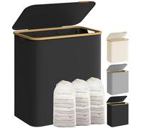 SONGMICS Cesto de Ropa Sucia con Tapa, Gran Cesta Colada de 3 Secciones, 150 L, Forro de Malla Extraíble, Tejido Oxford, Asas Bambú, Plegable, 60 x 38,5 x 70,5 cm, Negro Tinta LCB515B01