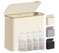 SONGMICS Cesto de Ropa Sucia con Tapa, Gran Cesta Colada de 4 Secciones, 200 L, Forro de Malla Extraíble, Tejido Oxford, Asas Bambú, Plegable, 78 x 38,5 x 70,5 cm, Blanco Crema LCB514WD01