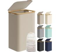 SONGMICS Cesto de Ropa Sucia con Tapa, Gran Cesta Ropa Sucia, 90 L, Forro de Malla Extraíble, Tejido Oxford, Asas Bambú, Plegable, 42 x 32 x 70,5 cm, Marrón Camello LCB509N01V1