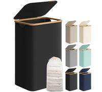 SONGMICS Cesto de Ropa Sucia con Tapa, Gran Cesta Ropa Sucia, 90 L, Forro de Malla Extraíble, Tejido Oxford, Asas Bambú, Plegable, 42 x 32 x 70,5 cm, Negro Tinta LCB509B01