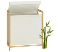 SONGMICS Cesto para Ropa Sucia, 150 L, 3 Compartimentos, Marco de Bambú | Tapa Reforzada y Extraíble, Bolsa Interior Desmontable, Blanco Crema y Bambú Claro, Colección ROCKI RLH103WD01