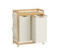 SONGMICS Cesto para Ropa Sucia, 2 Compartimentos, Bambú, Cesta Ropa Sucia 100 L, con Estante, Bolsa, Bolsillos Laterales, Estante para Ropa Sucia, 2 x 50 L, 63 x 33 x 78 cm, Blanco Crema RLH100W01