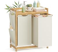 SONGMICS Cesto para Ropa Sucia, 2 Compartimentos, Bambú, Cesta Ropa Sucia 150 L, con Estante, Bolsa, Bolsillos Laterales, Estante, 2 x 50 L, 63 x 33 x 78 cm, Blanco Crema RLH100W01