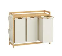 SONGMICS Cesto para Ropa Sucia, 3 Compartimentos, Bambú, Cesta Ropa Sucia 150 L, con Estante, Bolsa, Bolsillos Laterales, Estante, 3 x 50 L, 94 x 33 x 78 cm, Blanco Crema RLH115W01