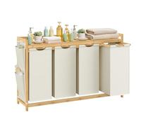 SONGMICS Cesto para Ropa Sucia, 4 Compartimentos, Bambú, Cesta Ropa Sucia 150 L, con Estante, Bolsa, Bolsillos Laterales, Estante, 4 x 50 L, 124,6 x 33 x 78 cm, Blanco Crema RLH120W01