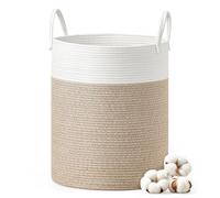 SONGMICS Cesto para Ropa Sucia, Cesta Ropa Sucia para Niños 60 L, Cuerda de Algodón, Asa, Cordón, para Peluches, Mantas, Dormitorio, 35 x 35 x 50 cm, Blanco y Marrón Grisáceo RLH061LZ01