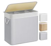 SONGMICS Cesto Ropa Sucia, 150 L, Cesta Colada 3 Clasificaciones, con Tapa, Bambú, con Asas, Plegable, Bolsa Interior Extraíble y Lavable a Máquina, para Lavandería, Dormitorio, Gris LCB0091G01