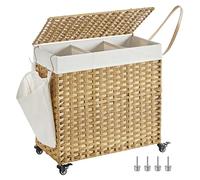 SONGMICS Cesto Ropa Sucia con Tapa, 140 L, 3 Compartimentos, con Ruedas | Cesta Colada Estilo Ratán, Bolsa Interior Extraíble, 66 x 33 x 66 cm, Amarillo y Blanco, Colección ELIOTT, LCB363N01
