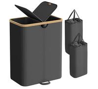 SONGMICS Cesto Ropa Sucia de 2 Compartimentos, 150 L, con Tapa | Cesta de Colada, Bolsas de Ropa Extraíbles, para Lavadero, Negro Tinta y Bambú Claro, Colección ROXANNE LCB523B01