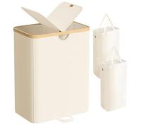 SONGMICS Cesto Ropa Sucia de 2 Compartimentos, Cesta de Colada, 150 L, Clasificador con Tapa, Bolsas de Ropa Extraíbles, para Lavadero, Dormitorio, Salón, Blanco Crema y Beige Natural LCB523W01