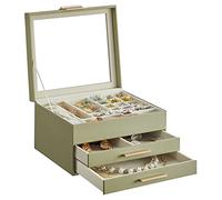 SONGMICS Colección GISELLA - Caja de Joyas, Caja Joyero de 3 Niveles, Estuche de Joyería, con 2 Cajones, Gran Capacidad, Estilo Moderno, Verde Laurel y Dorado, 20,3 x 23,1 x 13,5 cm JBC239C02