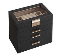 SONGMICS Colección GISELLA - Caja de Joyas, Caja Joyero de 4 Niveles, Estuche de Joyería, con 3 Cajones, Gran Capacidad, Estilo Moderno, Negro Tinta y Dorado, 15,3 x 25,1 x 21,5 cm JBC161B02