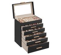 SONGMICS Colección GISELLA - Caja de Joyas, Caja Joyero de 6 Niveles, Estuche de Joyería, con 5 Cajones, Gran Capacidad, Estilo Moderno, Negro Tinta y Dorado, 16,3 x 25,1 x 29 cm JBC171B01