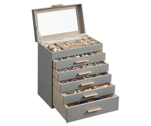 SONGMICS Colección GISELLA - Caja de Joyas, Caja Joyero de 6 Niveles, Estuche de Joyería, con 5 Cajones, Gran Capacidad, Estilo Moderno, Gris Paloma y Dorado, 16,3 x 25,1 x 29 cm JBC171G01